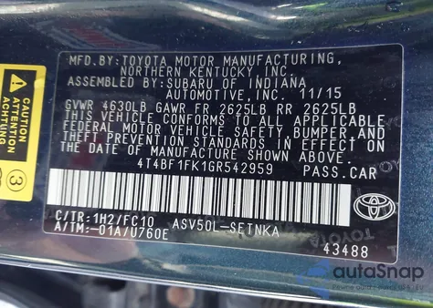 2016 Toyota Camry Le from USA, damaged, VIN 4T4BF1FK1GR542959